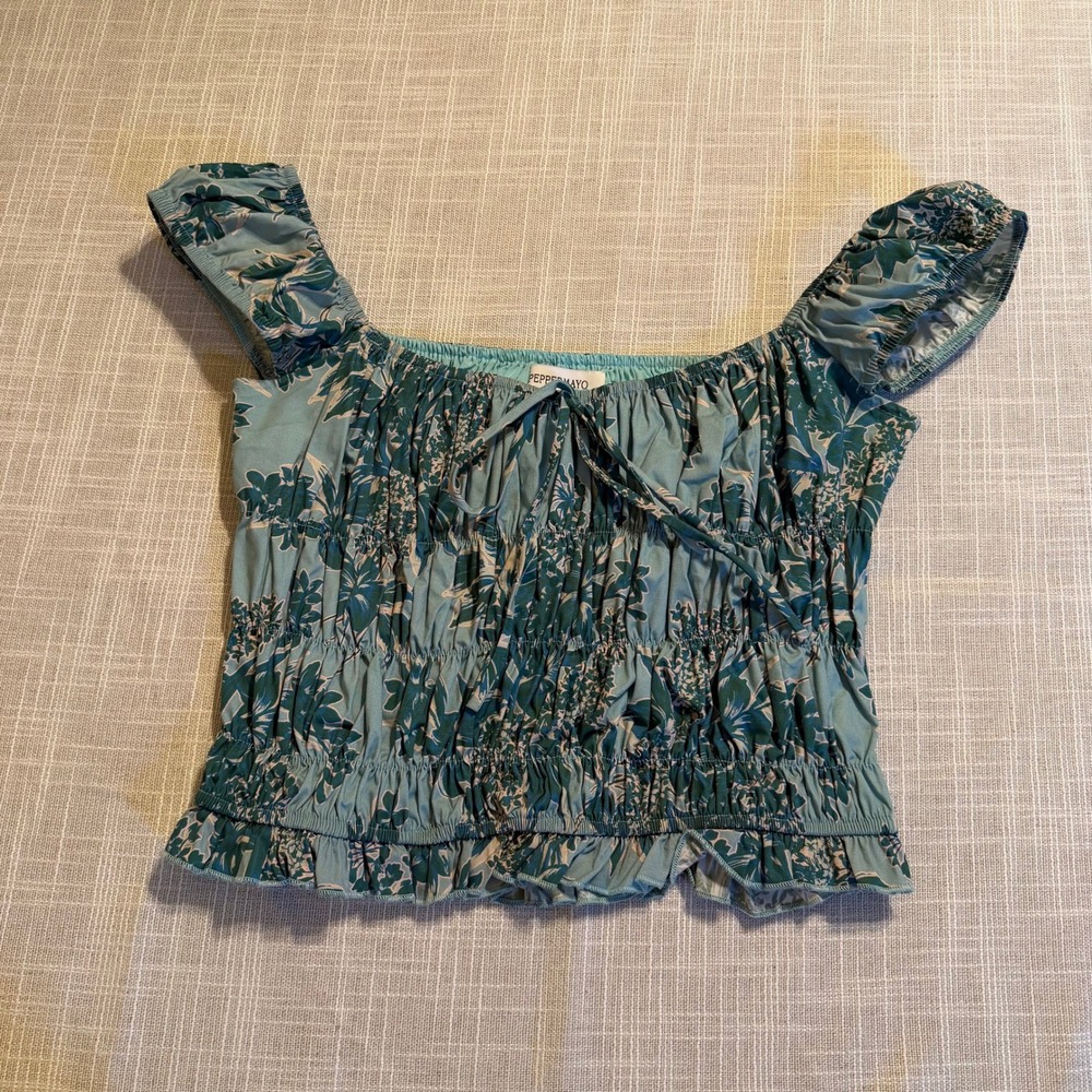 Peppermayo Teal Floral Smocked Crop Top Short Puff Sleeve Square Neck Size 6